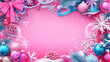 © apimagine - A beautiful Christmas frame with pink tree branches, berries, ornaments, decorative ribbons, snow, and tiny stars, set against a pink background with space for text. Top view.