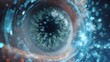 © Shaggy - A close up of an eye with a virus or bacteria image overlayed with digital blue glowing effects