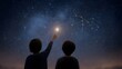 © Thares2020 - Two children gaze in wonder at a bright star and constellation in the vast night sky