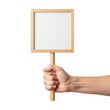 © Zahidul Creative - Hand holding a blank square wooden sign on a stick isolated on white background