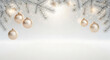 © studio jerico - Festive holiday banner with white fir branches, hanging golden baubles, and glowing lights on a silver background