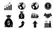© LOBSTER LARRY - Business and economy icons: growth, trade, and global finance in black and white silhouette