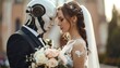© Morfem - Bride and robot in suit are shown foreheads touching holding a bouquet in a wedding scene, soft light, shallow depth