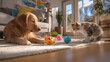 © ProVector - Golden Retriever dog and cat playing with pet toys