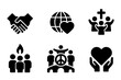 © BROTHER - Faith and Unity Icons. Faith and unity. Filled icon set of faith and unity: interlocked hands, globe with