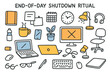 © Марія Томилович - End-of-Day Workspace Scene. End-of-day shutdown ritual. Hand-drawn doodle illustration laptop (colored), computer screen (colored), smartphone (colored),