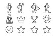 © Sanych - Power Pose Icons. Power pose. Line icon set of power pose: person standing tall, arms on hips, raised fist, confident stance, superhero silhouette, podium,