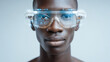 © piai - Portrait of person wearing smart glasses with health metrics display, futuristic wellness, calm expression, minimal clean background, high-tech healthcare concept