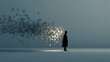 © Supachok - minimalist human silhouette dissolving into geometric cubes, expressing disconnection and anxiety, soft light gradient background, psychological art style,