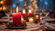 © Maria - Red candle in a festive centerpiece surrounded by soft light and decorations on a Christmas dining table