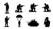 © eclipse - Silhouette illustrations of soldiers in various poses, including saluting, aiming, and communicating, with additional parachutist and tank scenes.