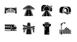© eclipse - Black silhouette icons depicting various transportation infrastructure elements, including a bridge, highway, tunnels, train, roadways, control tower, and a ship.