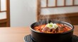 © Mochammad - Steaming, savory meat stew with green onions, served in a traditional bowl on a wooden table in a cozy Japanese setting, ready for a comforting and authentic meal