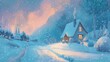 © Tatiana - fantasy cosy winter  illustration of cute snowy colourful scenery with a house