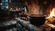 © PrettyVectors - Iron cooking pot with hearty stew. Medieval tavern kitchen fireplace background
