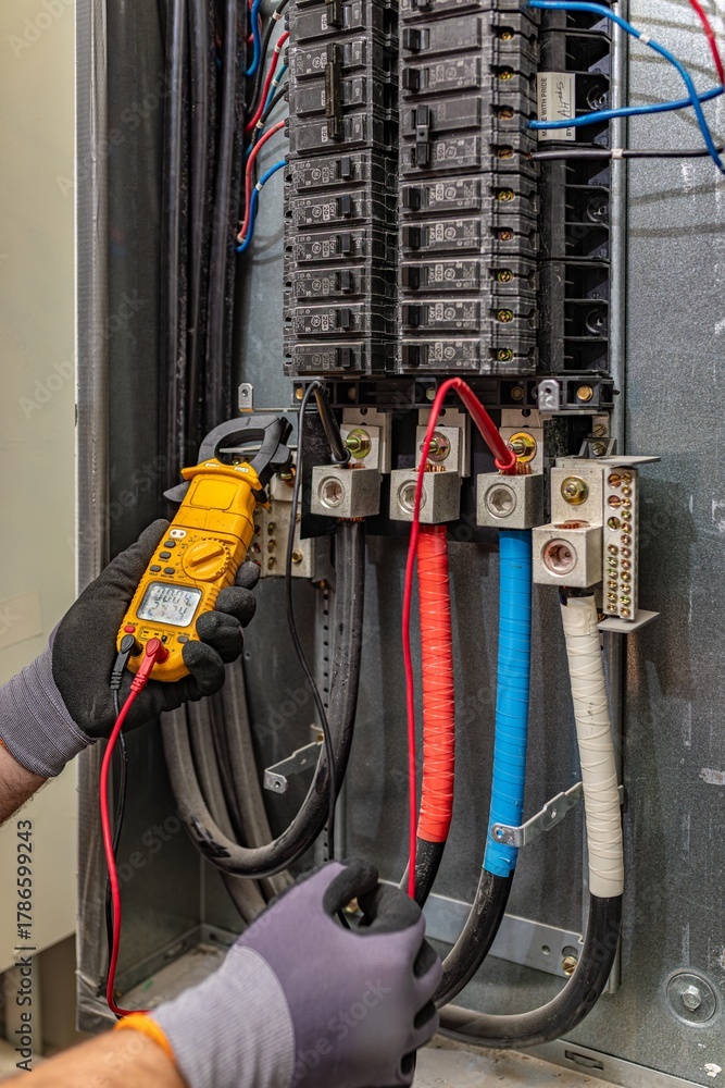 Electrician measuring voltage between phase A and phase C in three ...