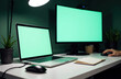 © starush - A modern workspace featuring a laptop and a large monitor with blank screens on a clean desk
