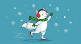 Cartoon arctic fox ice skating in a winter scene with snowflakes. A cheerful illustration full of seasonal delight. Winter fun, holiday spirit, seasonal activity.