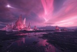 Surreal landscape on a distant exoplanet featuring giant glowing pink crystals under a cosmic aurora sky