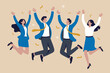 © Design gallery - Joyful business team celebrating success jumping high in air with confetti office achievement and teamwork spirit