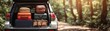 © pingpao - A car trunk filled with colorful luggage, set against a serene forest backdrop, suggesting adventure and travel.
