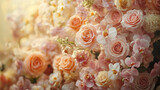 Soft pastel pink and peach roses with delicate white orchids create romantic floral arrangement glowing in warm sunlight, perfect for weddings and elegant celebrations