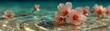 © wan - Dreamy Spring Scene with Pink Cherry Blossoms Falling on Clear Green Water and White Sand Beach, Petals Floating on Rippled Surface, Ideal for Beauty or Romantic Theme Design.