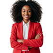 © Creative Design - Smiling confident businesswoman with arms crossed wearing a red suit isolated on transparent background