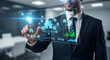 © mest selda blessun - Businessman Interacting with Futuristic Holographic Interface for Smart Real Estate Management and Property Data Analysis in a Modern Office Enviro...