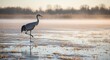 © Graphics River - A serene and graceful Sandhill Crane stands poised on one leg in a foggy, golden-lit marsh during a tranquil sunrise migration stopover