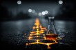© tienuskin - The Alchemist's Path: A scientific flask illuminates the way forward, tracing a symbolic pathway through darkness, representing discovery and innovation.