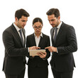 © Creative Design - Three diverse business professionals in suits collaborating and looking at a tablet computer isolated on transparent background