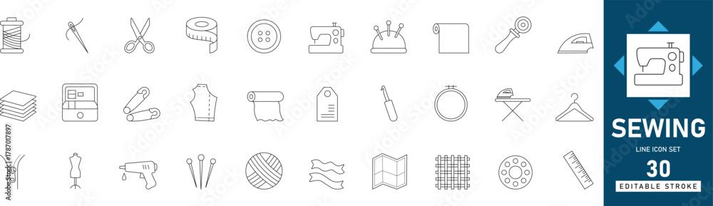 Line and editable sewing icon set featuring needle, thread, scissors ...