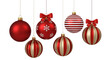 © Abode stock - A festive collection of six red and white striped and solid colored christmas ornaments hanging against a dark background