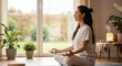 © Tiaga - Woman, face and eyes closed with meditation in home for peace, calm and health for mindfulness. Female person, relax and zen with yoga as activity or hobby for stress relief, wellbeing and self care