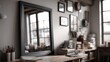 © 楠 刘 - Close up black DIN A3 picture frame hanging above home office desk in colorless punk style room, realistic mockup with natural chaotic details and authentic modern workspace aesthetic.