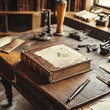 © karnsiree - Antique book repair on library table, restoration station with binding tools, preservation focus