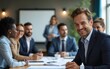 © Maria - Male mature caucasian ceo businessman leader with diverse coworkers team, executive managers group at meeting. Multicultural professional businesspeople working together on research plan in boardroom.