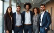 © David - Happy diverse business team standing in the office. Five cheerful confident successful people in smart casual suits smiling and posing for a group photo all together. Banner. Work and success concept