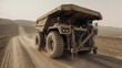 © Amanah - Massive mining truck driving on a dusty road in a desert landscape.