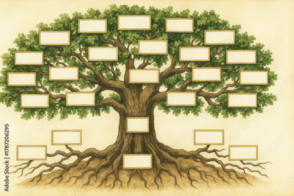 Traditional Oak Family Tree Illustration with Visible Roots and ...