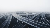 Complex Highway Interchange Design in Fog, Aerial View of Highway Interchange Bridge, Misty Morning Urban Highway Interchange Road Structure.