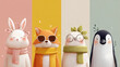 © zuriya - A charming lineup of four cute cartoon animals: a rabbit, fox, bear, and penguin, each against a colorful pastel background.
