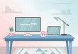 © ADPShapla - Modern home office desk with computer showing january 2026 calendar and laptop