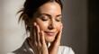 © Sams - Beautiful Woman Applying Hydration Serum Touching Face Glowing Skin Spa Treatment
