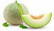 © satio - Fresh Cantaloupe Melon With A Slice And Green Leaves On White Background