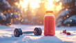 © Teeradej - Dumbbell and smoothie bottle rest on snow in sunlit winter scene, evoking sense of fitness and freshness