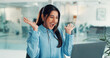© peopleimages.com - Business, woman and excited with laptop in office for article success, trending story and good news. Publishing agency, journalist and celebration with tech for blog recognition or career achievement