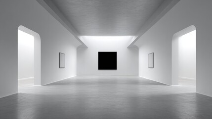  Empty room with white walls and floor. the room has a high ceiling with a skylight that allows natural light to enter the space.