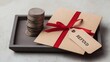 © Line - Coins and refund envelope with red ribbon on tray setup